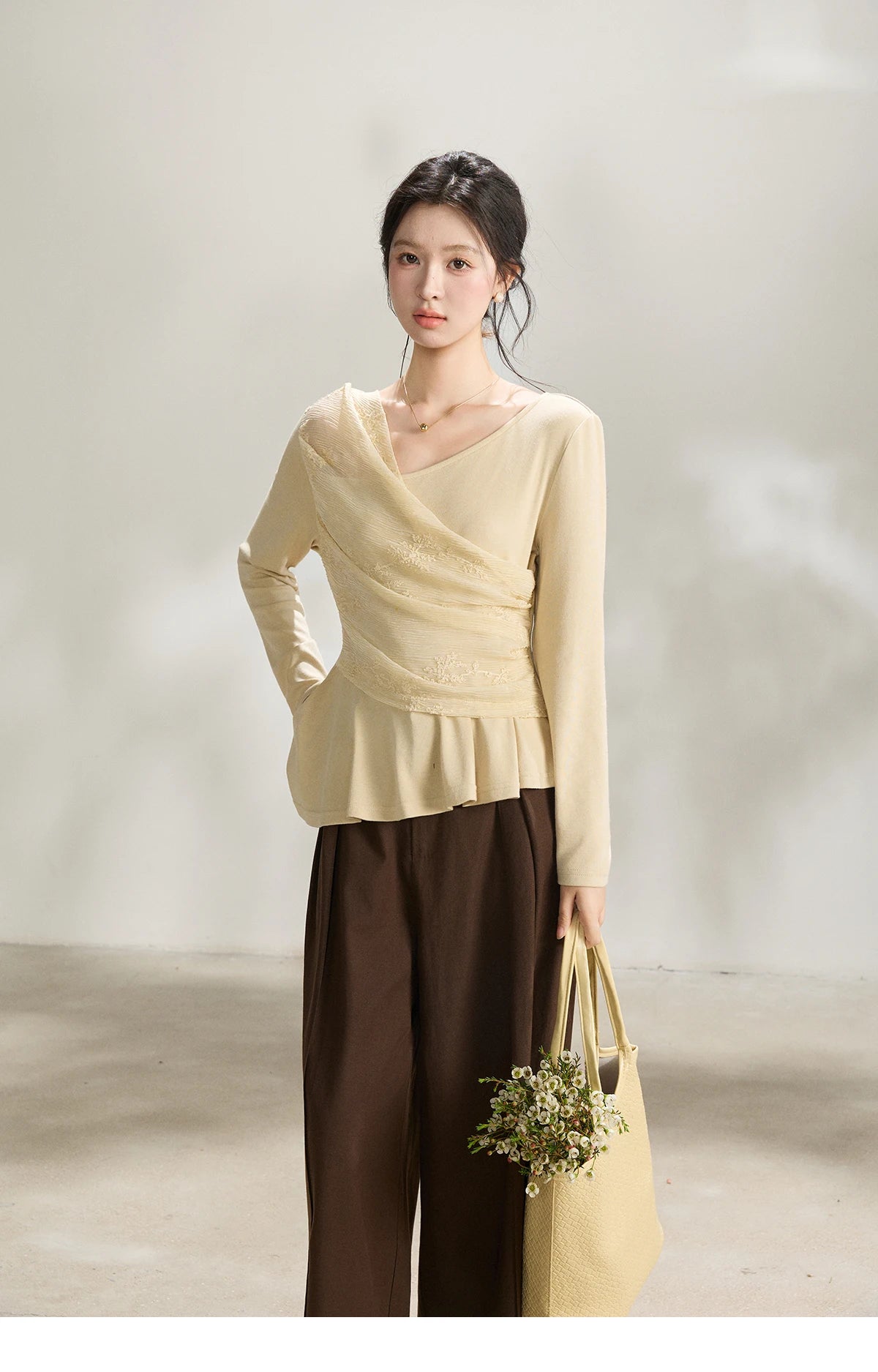 Mishow Asymmetric Lace Patchwork Ruched Top MXF11Z2942