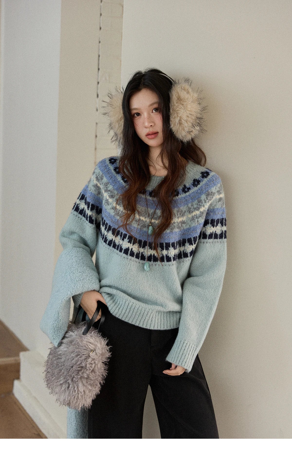 Mishow Blue Fair Isle Geometric Jacquard Pullover MXE87Z2767
