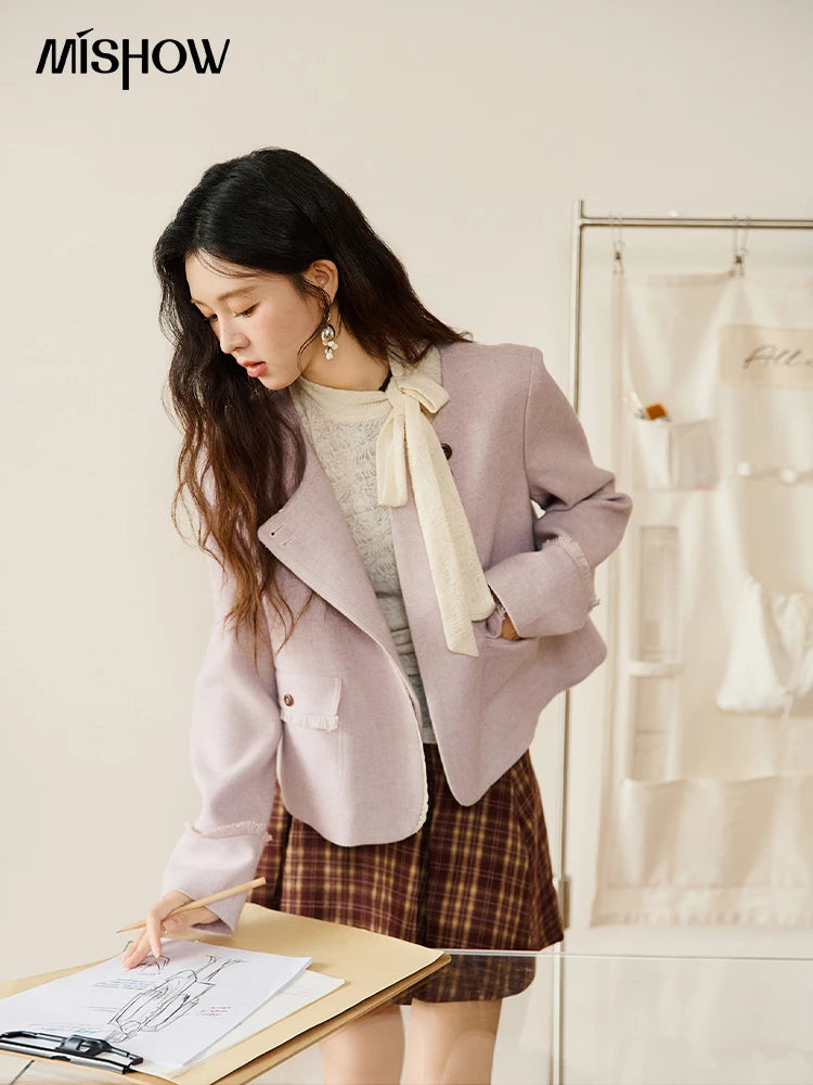 MISHOW Purple Woolen Coat Slanted Placket Splicing Lace Shoulder Pads MXE47W0840
