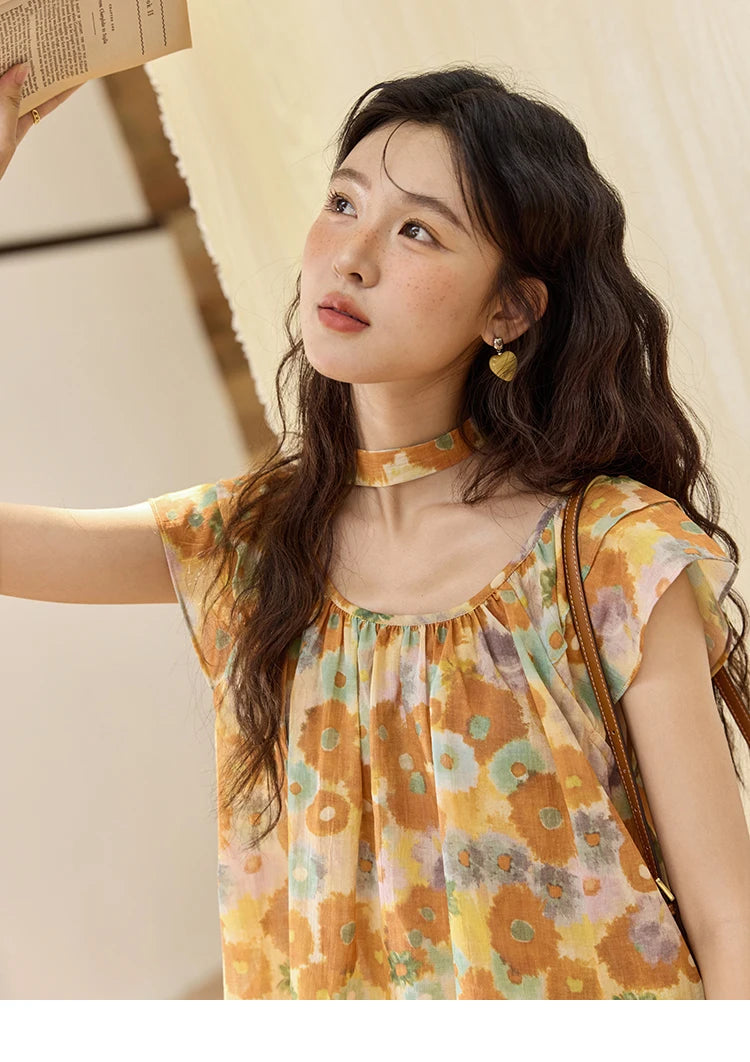 MISHOW Cotton Citrus Oil Painting Blouse Flying Sleeve MXE36X1872