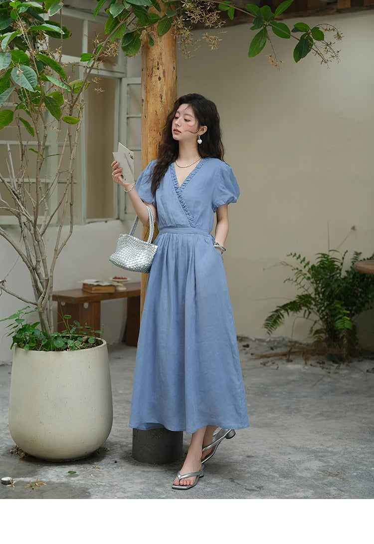 Mishow V-Neck Puff Sleeve Pocket Sash Dress MXE39L2381