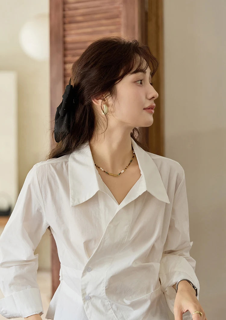 MISHOW French Side Placket Asymmetric Shirt Pleated Waist Lapel MXD45C0357