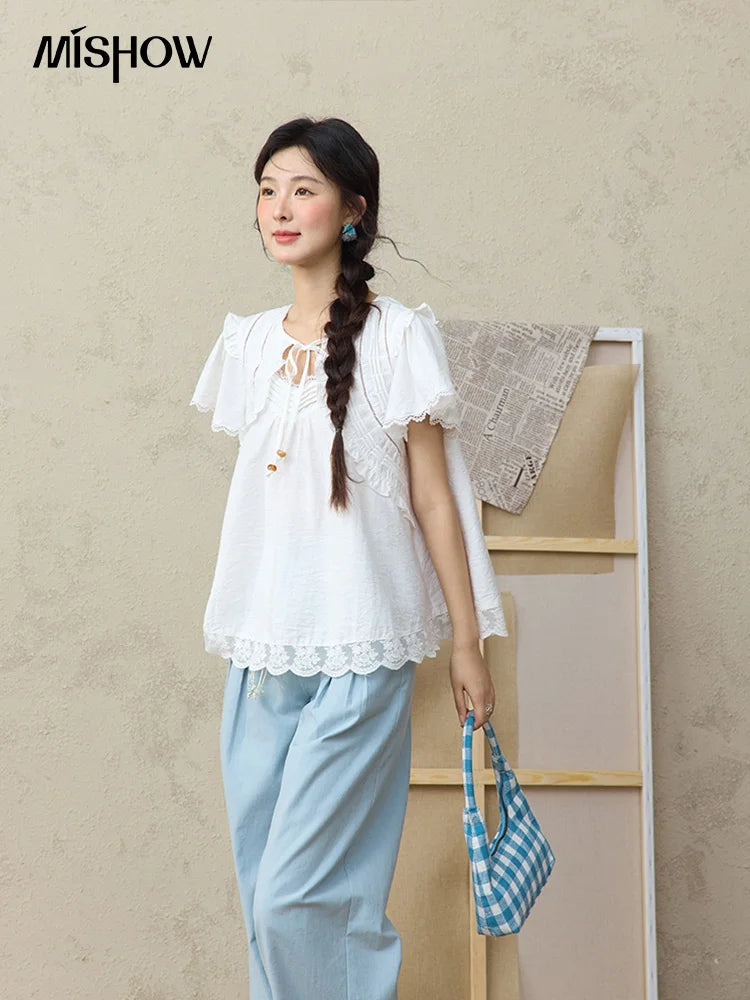 MISHOW White Lace Up Blouse Butterfly Sleeve Hollow Lace MXE34X1784