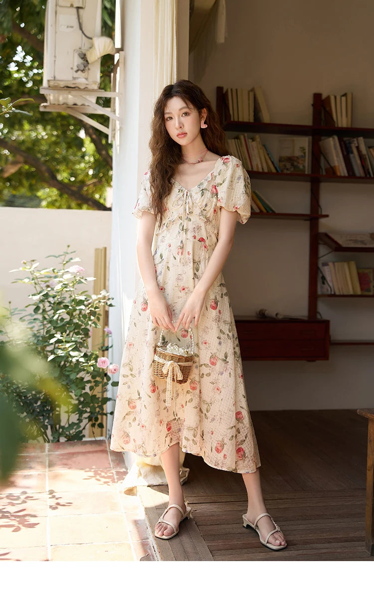 Mishow French A-Line Ruffled V-Neck Puff Sleeve Dress MXC33L1465