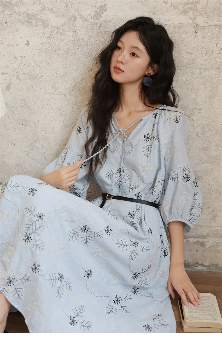 MISHOW Blue Flower Embroidered Lantern Sleeve Dress MXE42L2493
