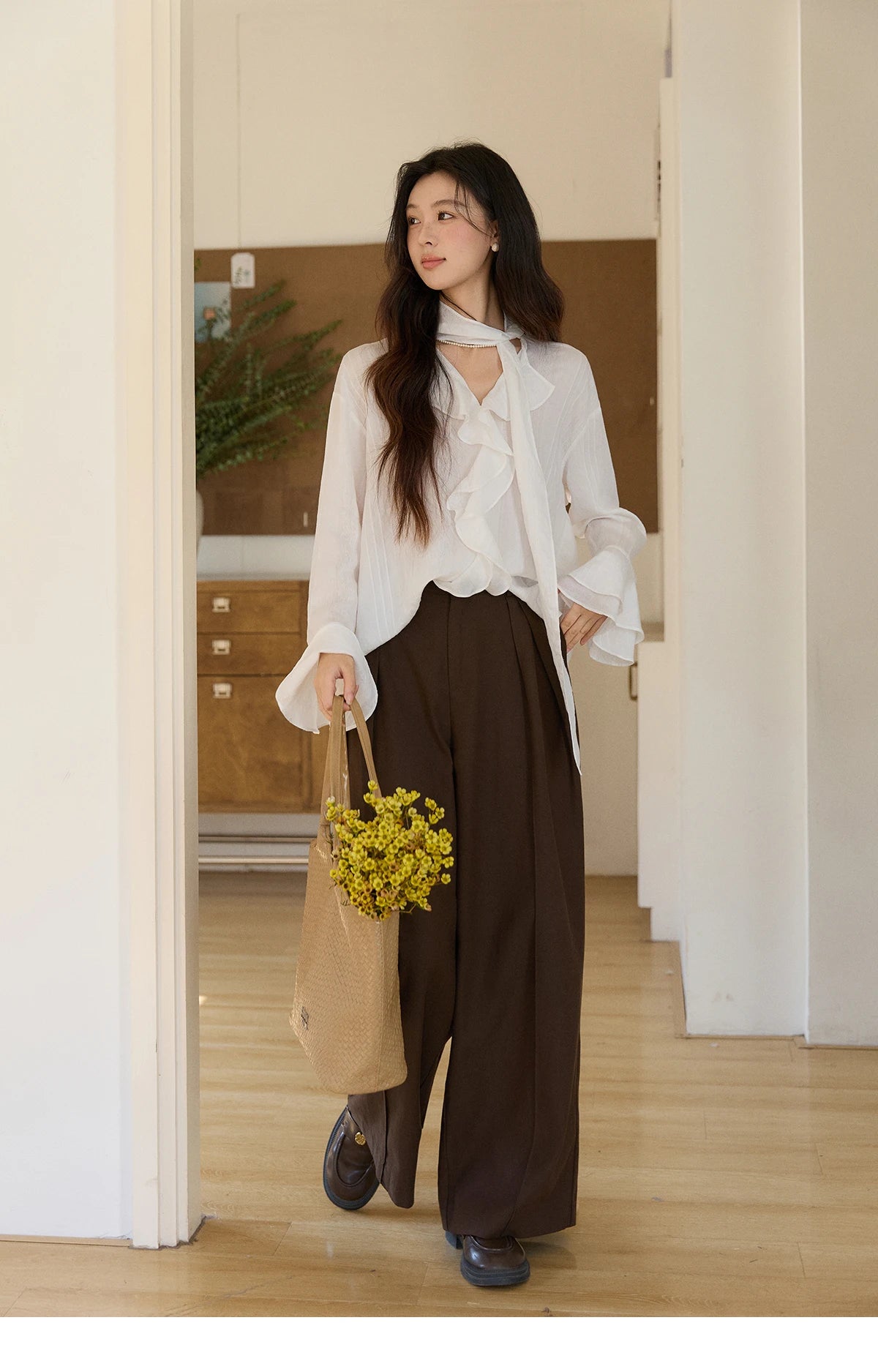MISHOW Ruffle Trim Chiffon Blouse Detachable Scarf MXF108X0999