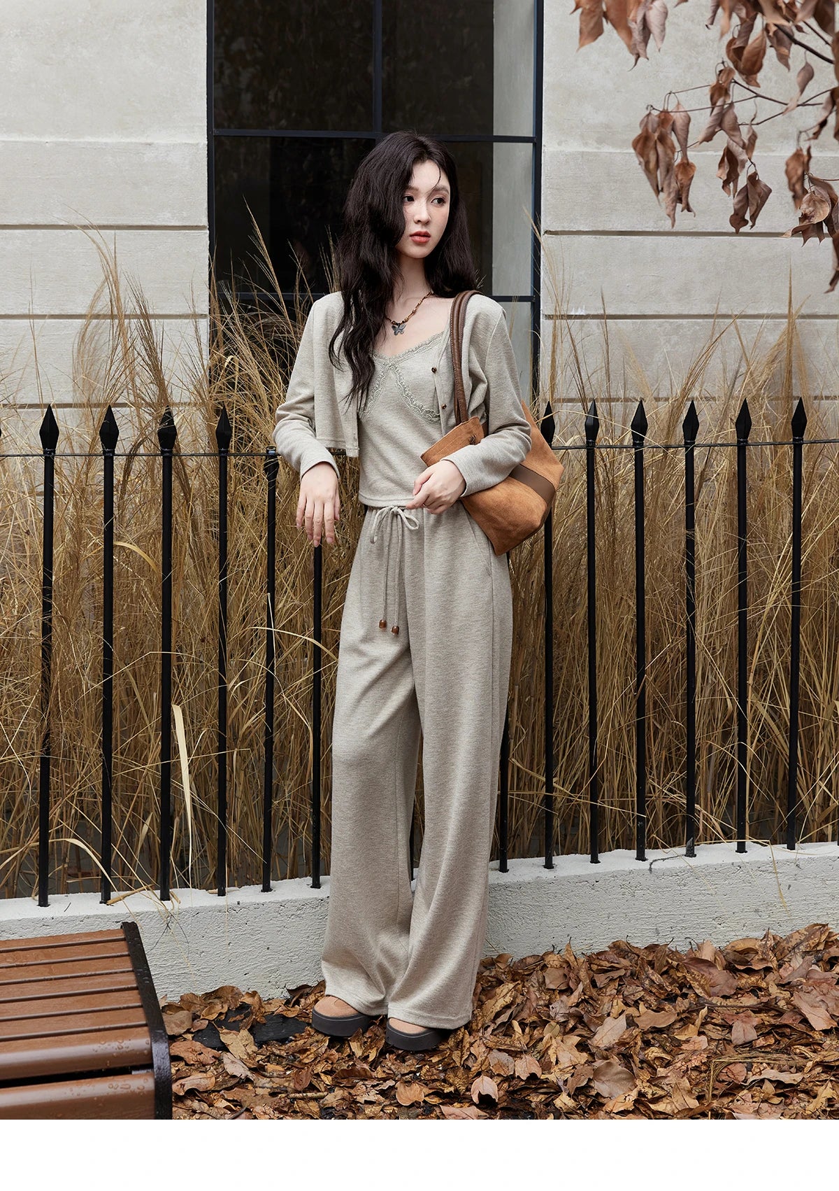 Mishow French Lace Splicing Camisole Cardigan & Straight Pants Set MXD47T0405