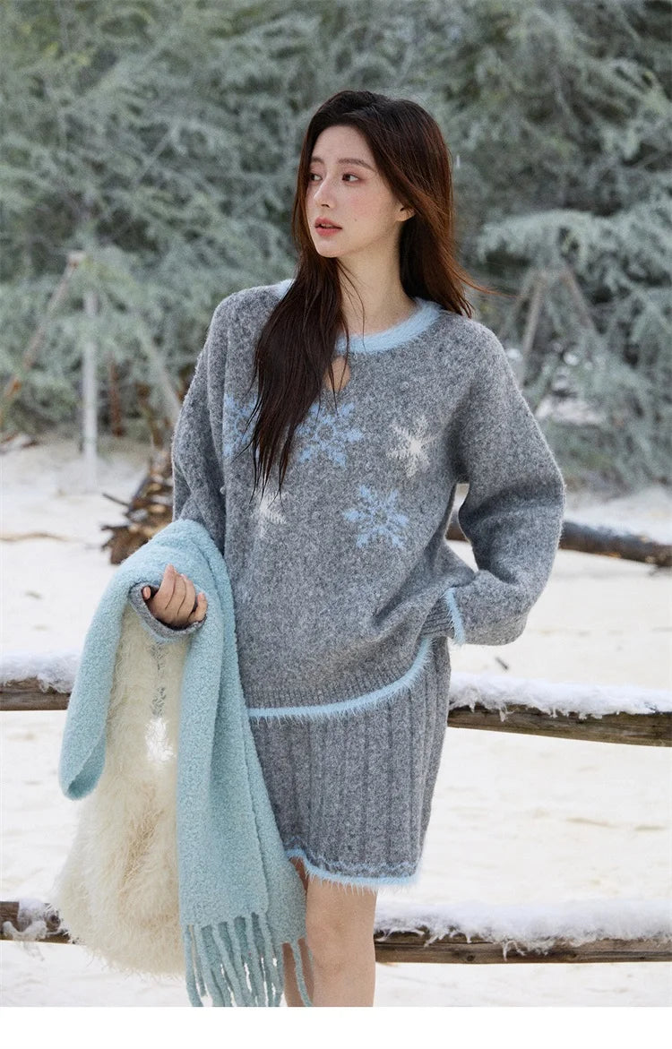 Mishow Gray Crew Neck Sweater & Knitted Mini Skirt Set MXE51T1406