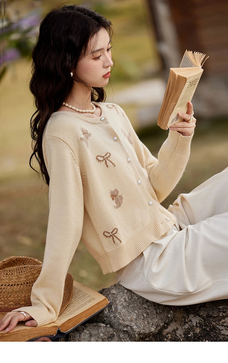 Mishow Yellow Dog Bow Jacquard Pearl Button Sweater MXE13Z1197
