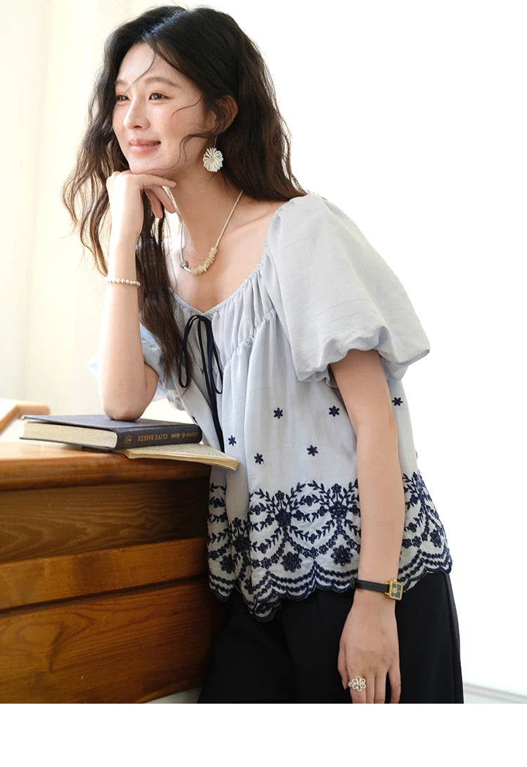 MISHOW Blue Print Blouse Square Neck Lace Up Puff Sleeve MXE36X1799