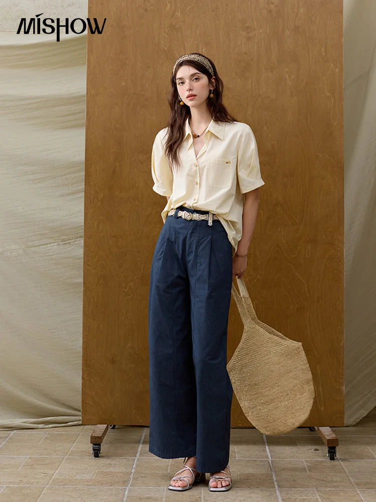 MISHOW Dark Blue High Waist Wide-Leg Pants Slimming Straight MXE31K0902