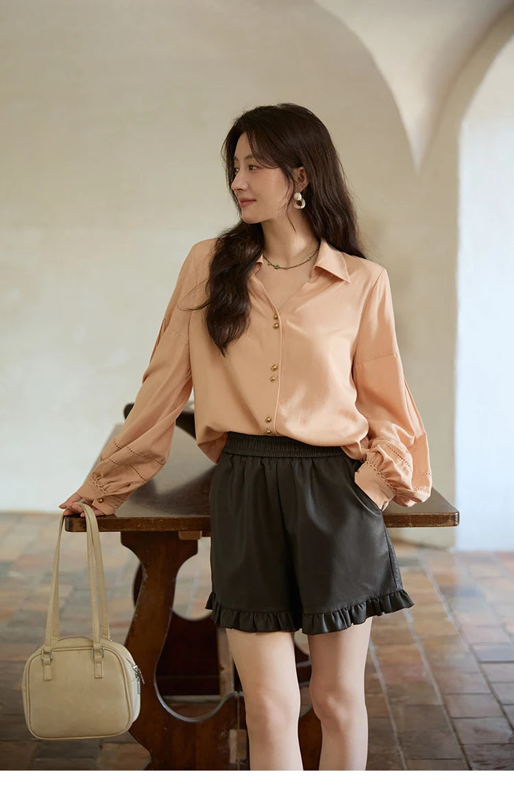 MISHOW Women's Lantern Sleeve Hollow Out Shirt Lapel Solid Top MXE41C2359
