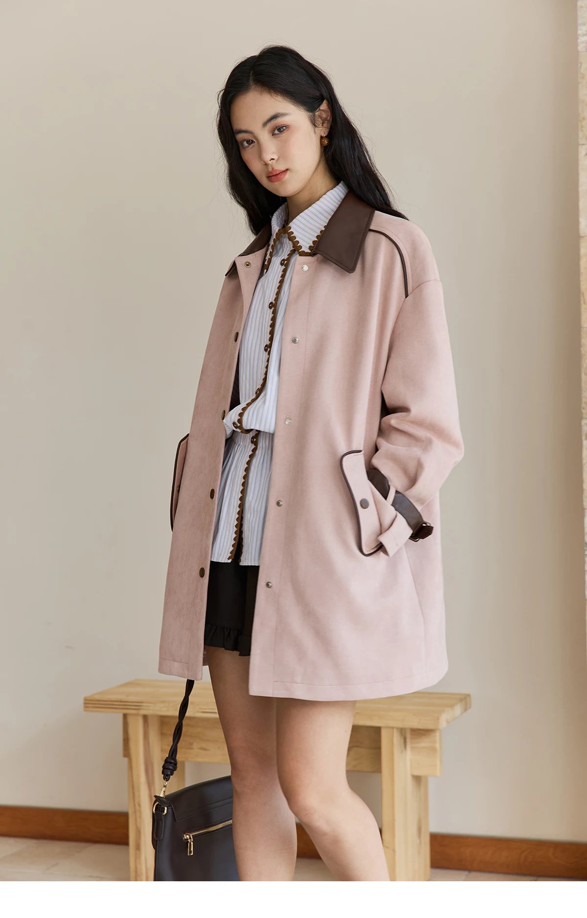 MISHOW Pink Mid-Length Jacket Turn-Down Collar Button Spliced MXE45W0845