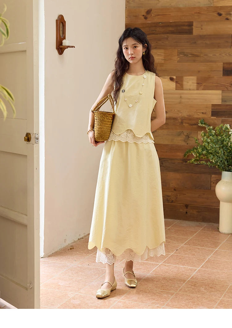 Mishow O-Neck Lace Patchwork Top & Elastic Waist Midi Skirt Set MXE36T0641