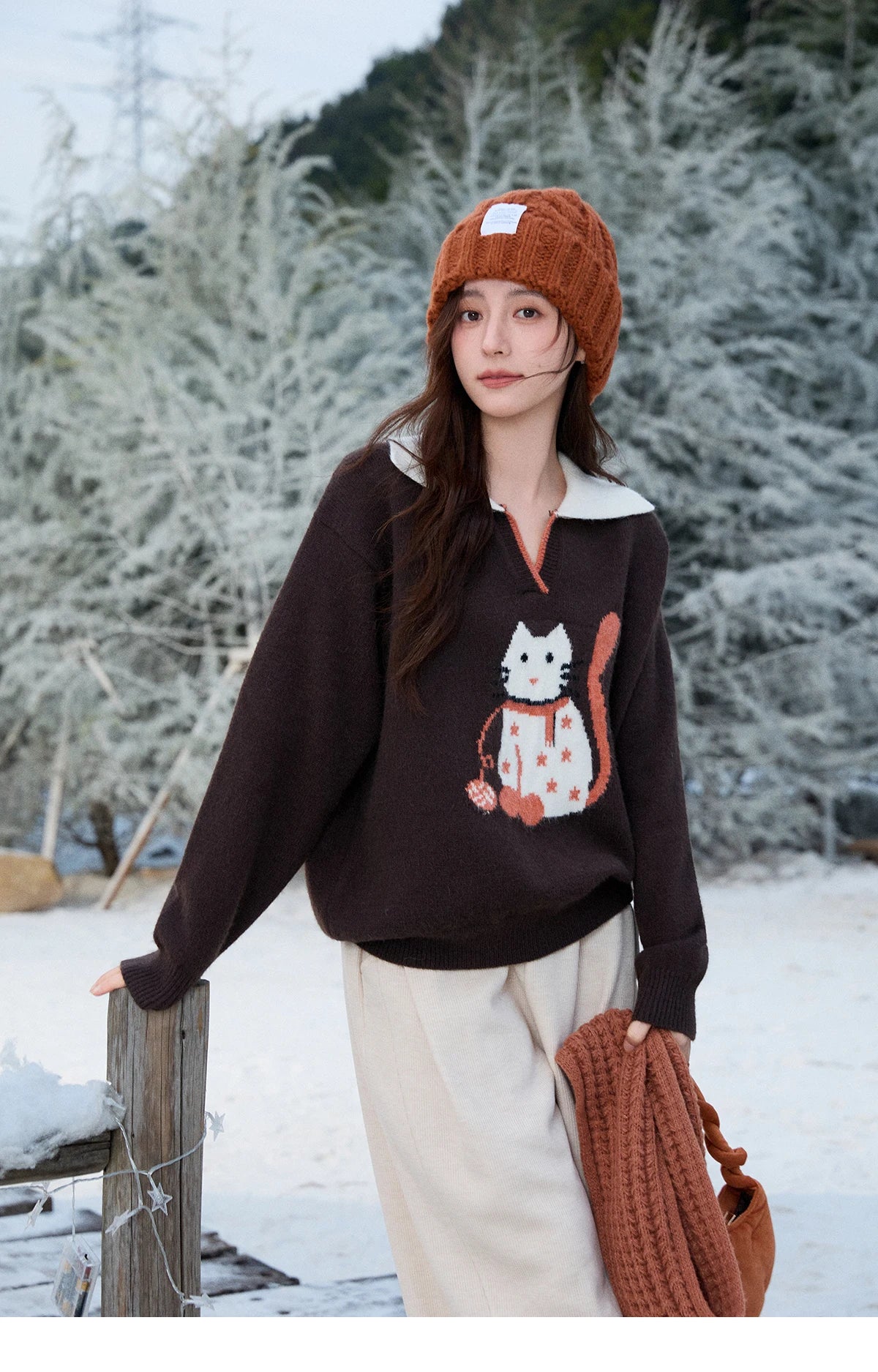 Mishow Retro Arctic Fleece Color Block Cat Sweater MXE90Z2835