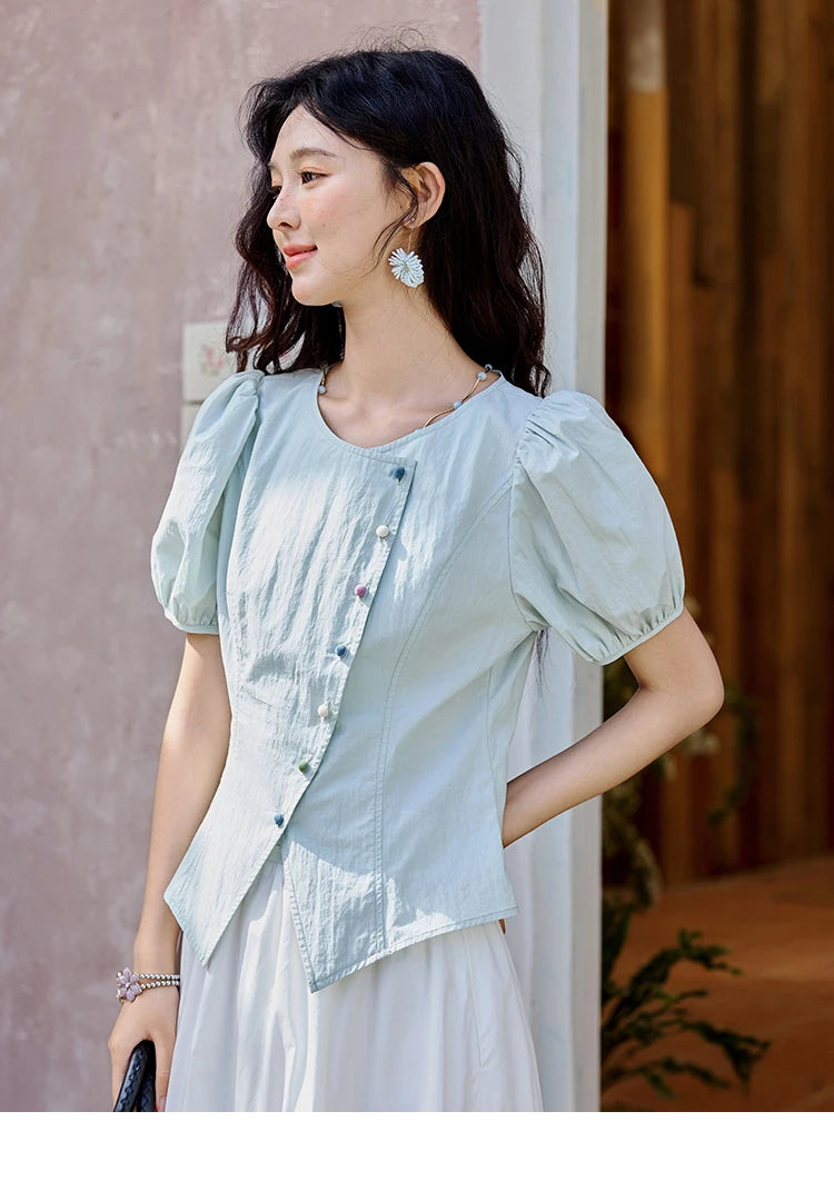 MISHOW Bubble Sleeve Blouse Irregular Placket Rainbow Buttons MXE34X1782