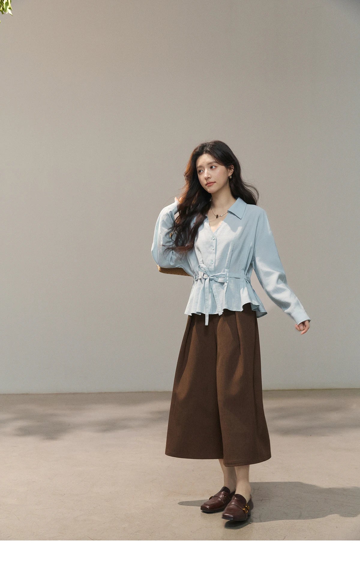MISHOW Light Blue Lyocell Shirt V-Neck Belted Waist MXF13C2437