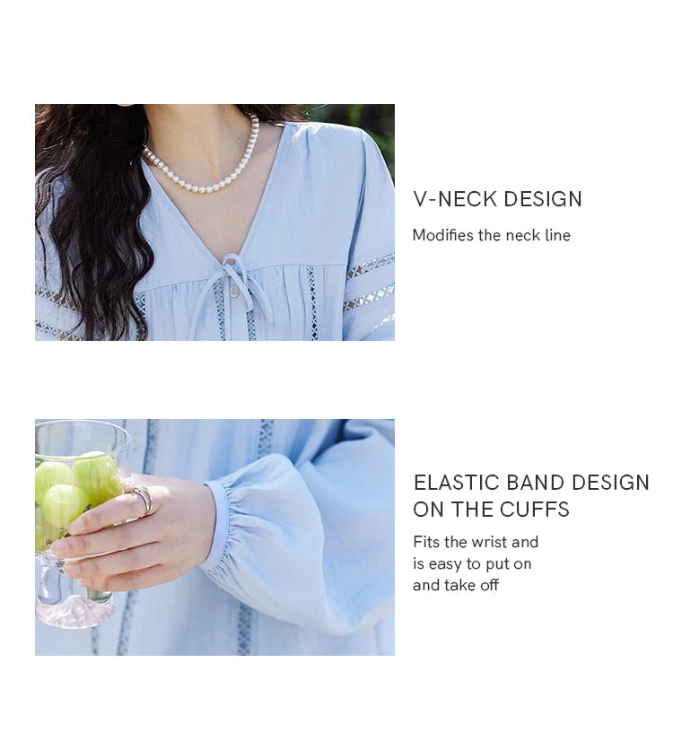 MISHOW Blue V-Neck Shirt Lace-Up Hollow Lantern Sleeve MXE12C0411