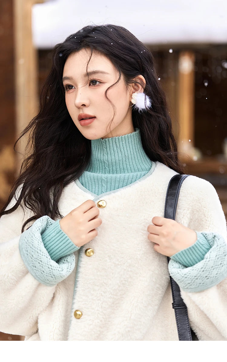 Mishow Lamb Wool Cuff Lace Metal Button Jacket MXD58W0740