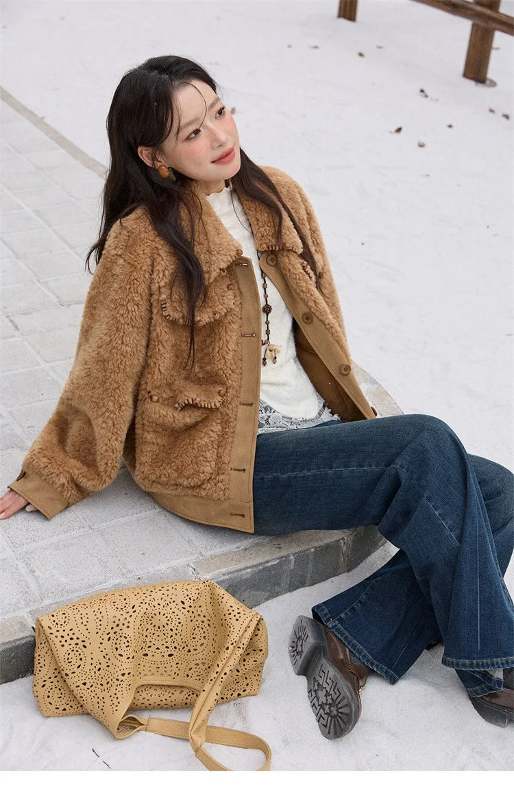 MISHOW Faux Lambskin Coat Turn-Down Collar Brown Loose MXE89W0896