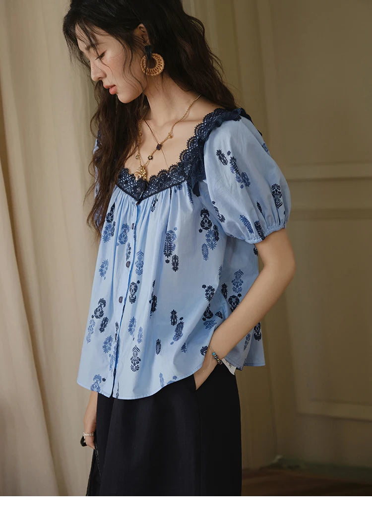 MISHOW Print Cotton Shirt Puff Sleeve Lace Splicing MXE35X1842