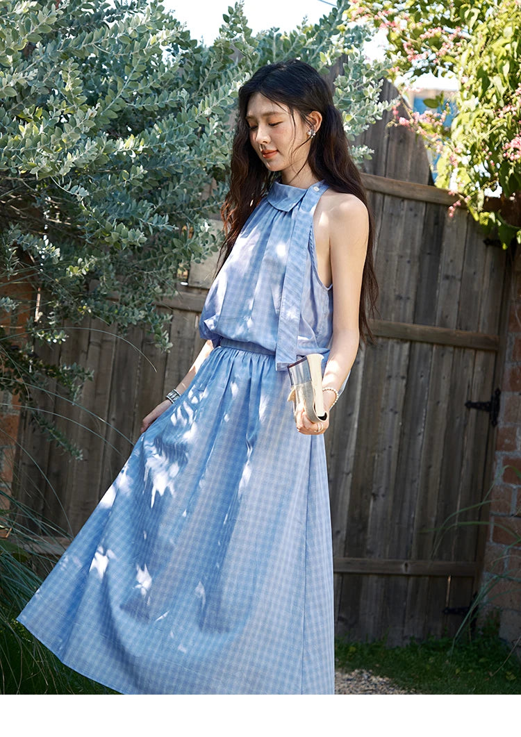Mishow Plaid Hanging Neck Button Top & A-Line Skirt Set MXE39T0711