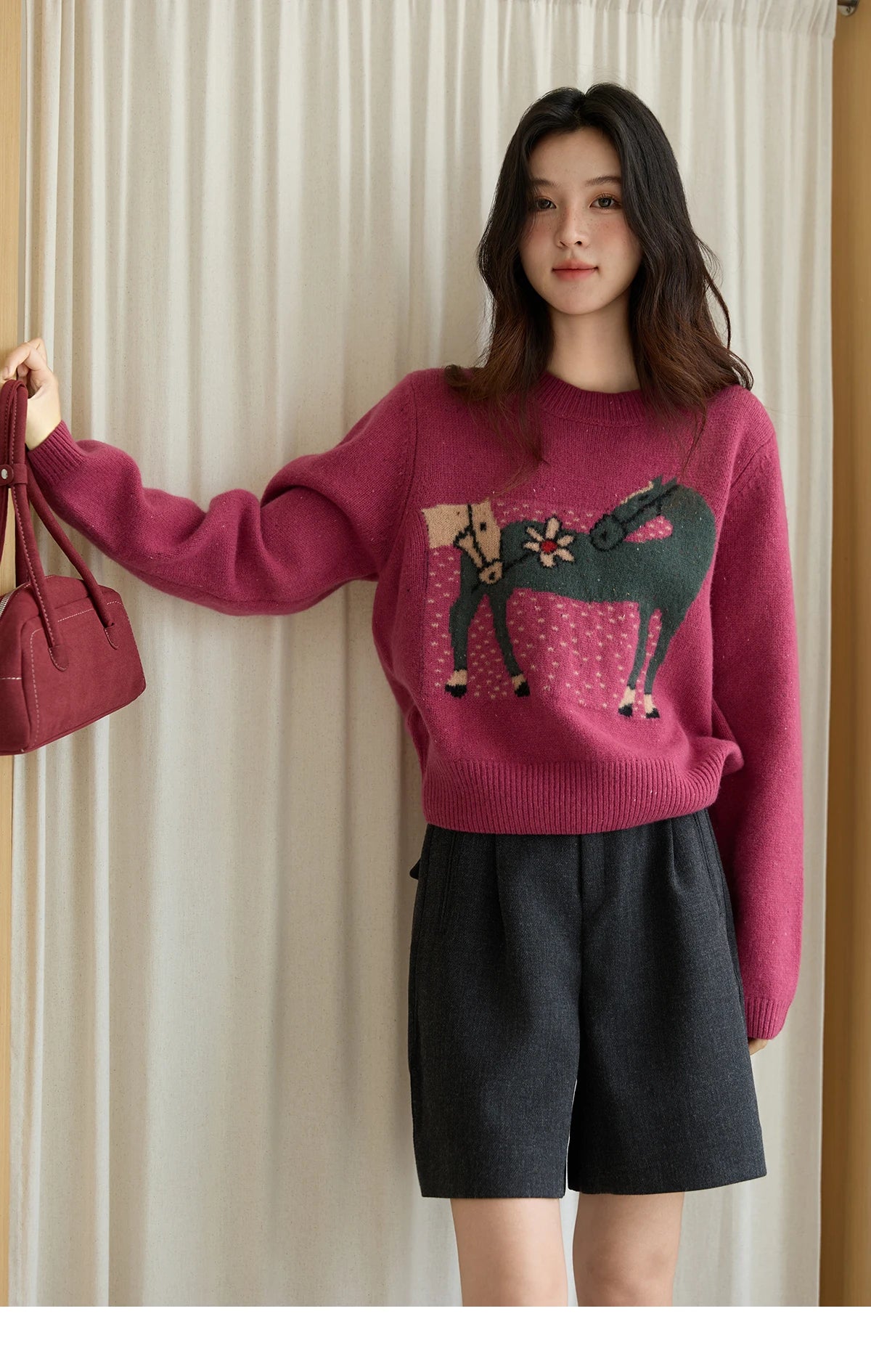 Mishow Red Pony Jacquard Round Neck Pullover MXE48Z2622