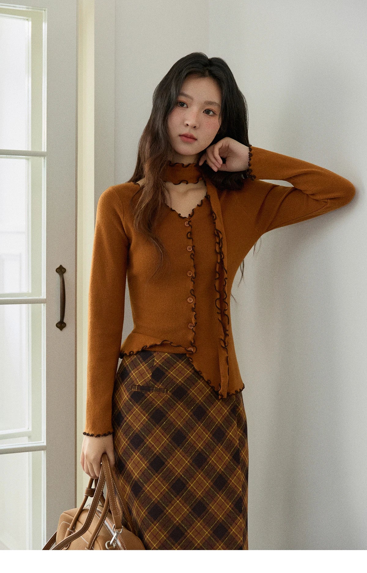 Mishow Ruffled Edge V-Neck Ribbon Knit Pullover MXE86Z2728
