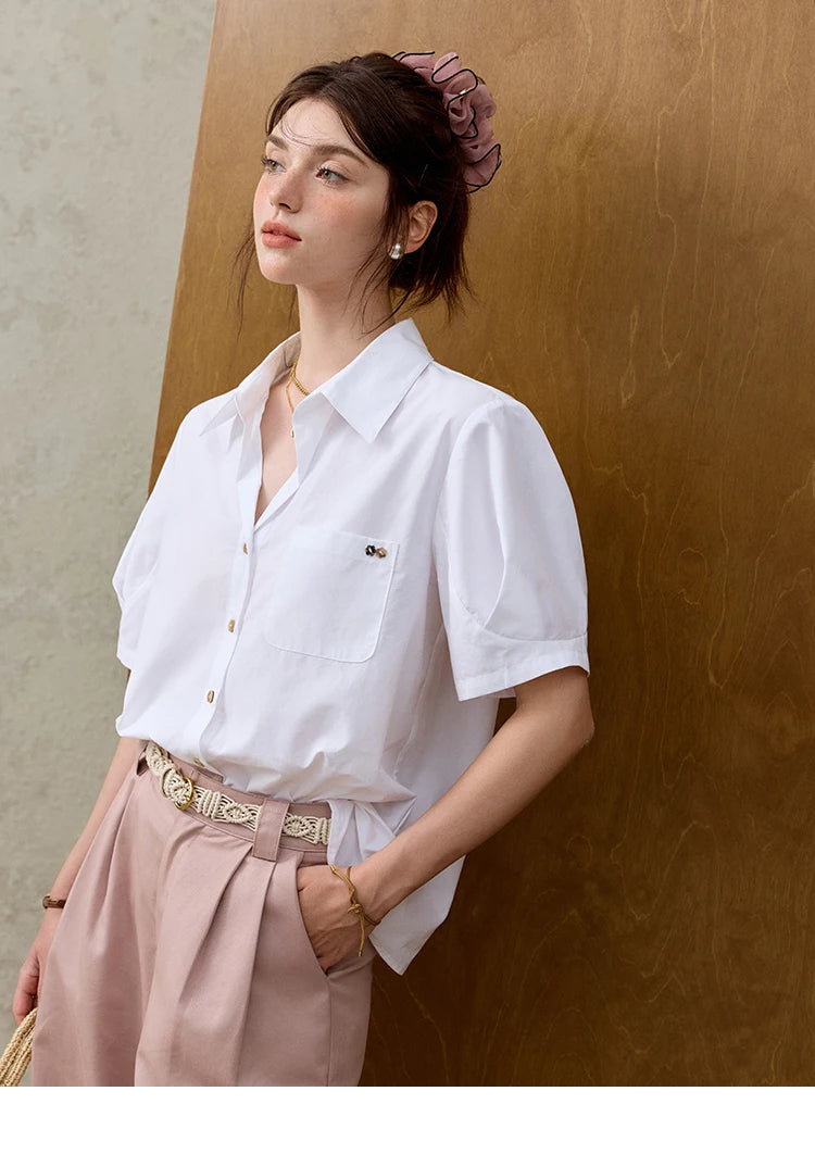 MISHOW French Turn-Down Collar Short Sleeve Solid Blouse MXE33C0778