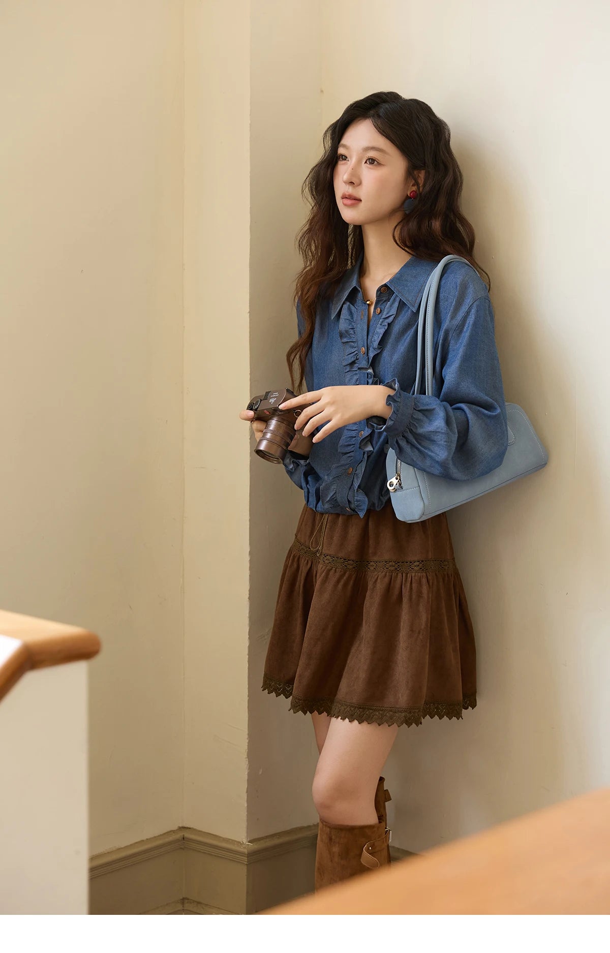 MISHOW Blue Lyocell Denim Shirt Ruffled Placket Waist Cinc MXE43C2386