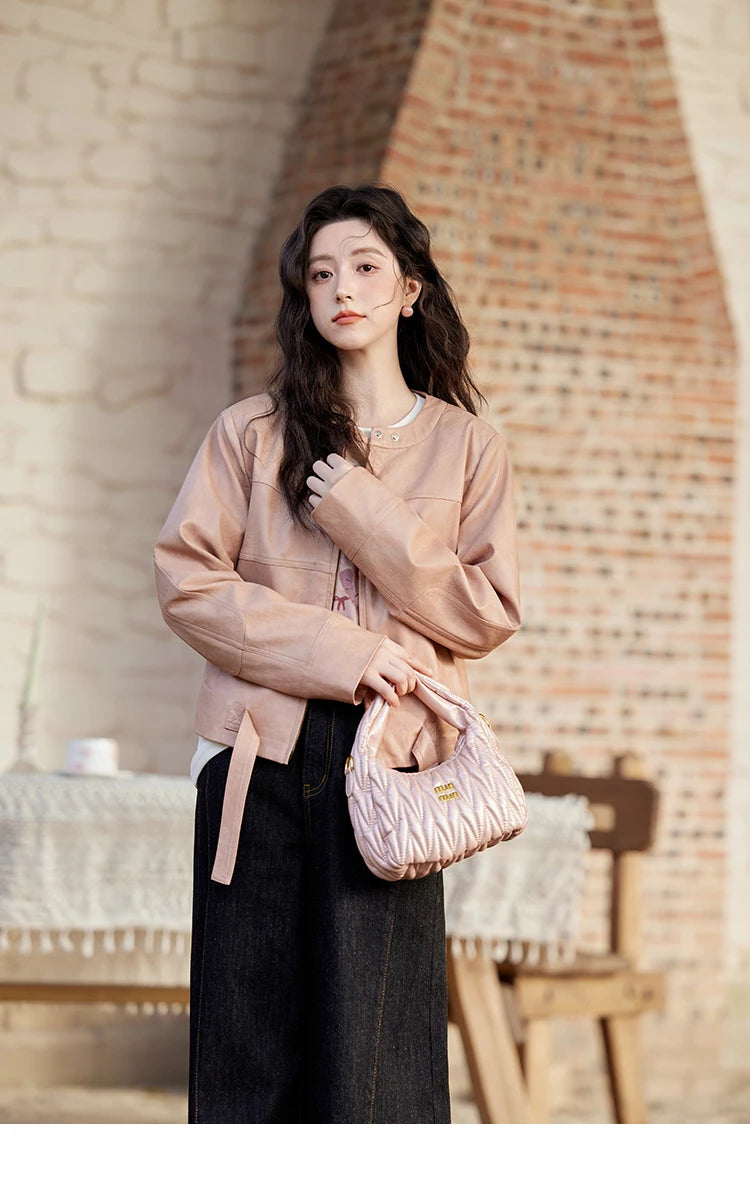 MISHOW Pink Leather Jacket Slim Fit Long Sleeve MXE11W0714