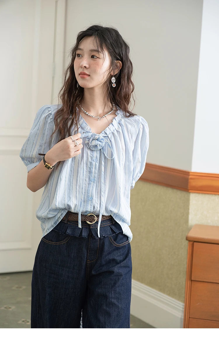 MISHOW Striped Puff Sleeve V-Neck Button Shirt MXE36X1870