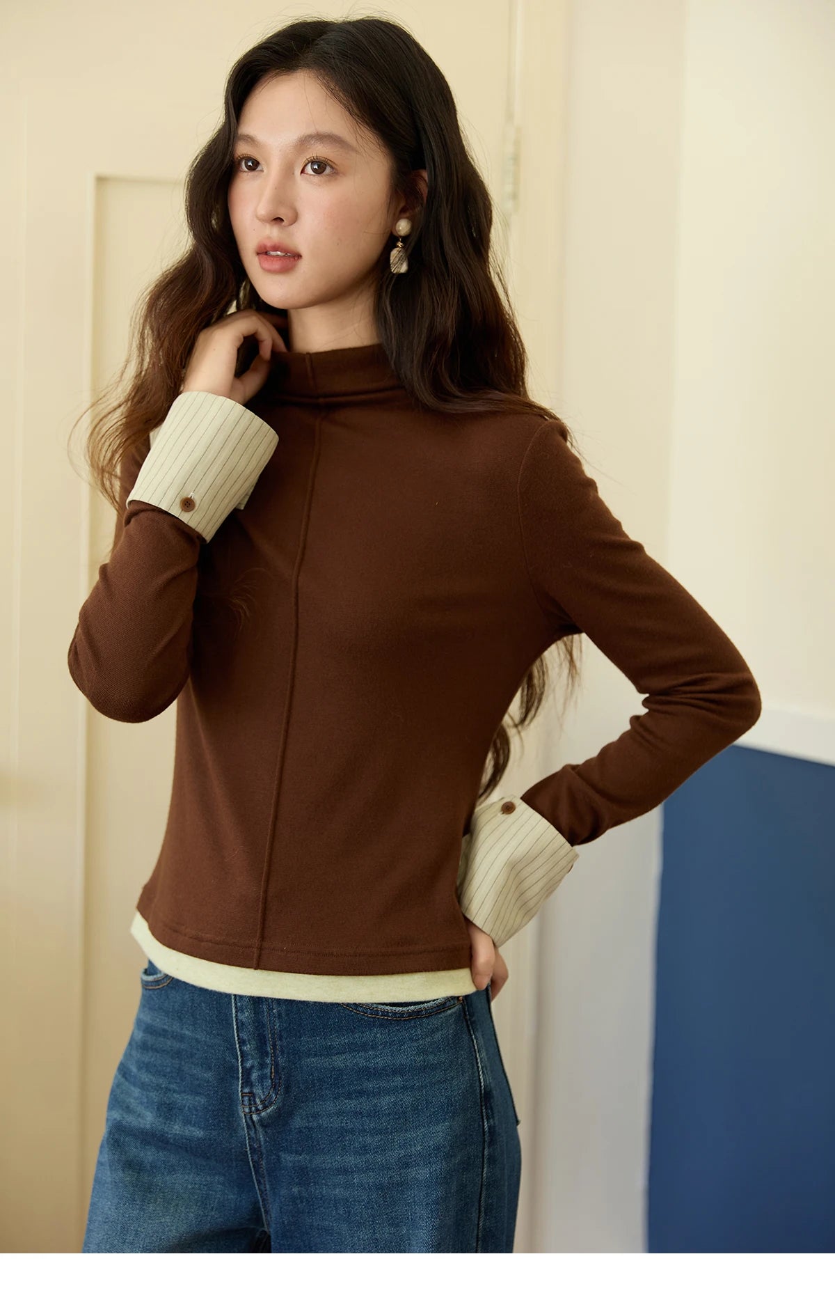 Mishow Apricot Stand Collar Slim Top with Detachable Cuffs MXE49Z2532