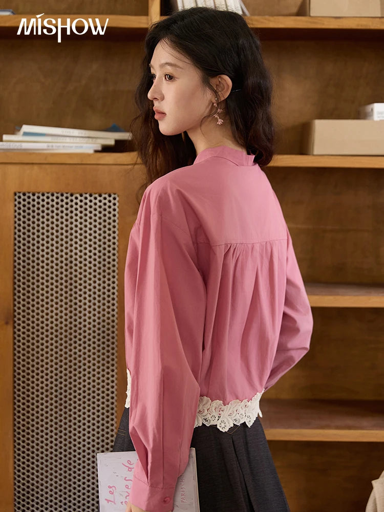 MISHOW Rose Red Stand Collar Shirt Bow Tie Hem Lace MXE43C2380