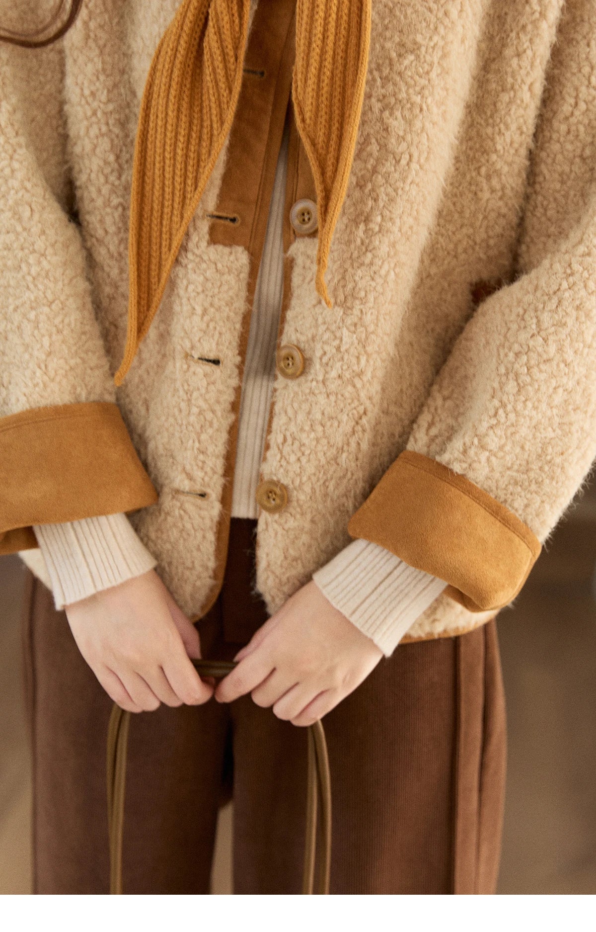 Mishow Lamb Wool Jacket with Color Block Knitted Shawl MXE91W0969