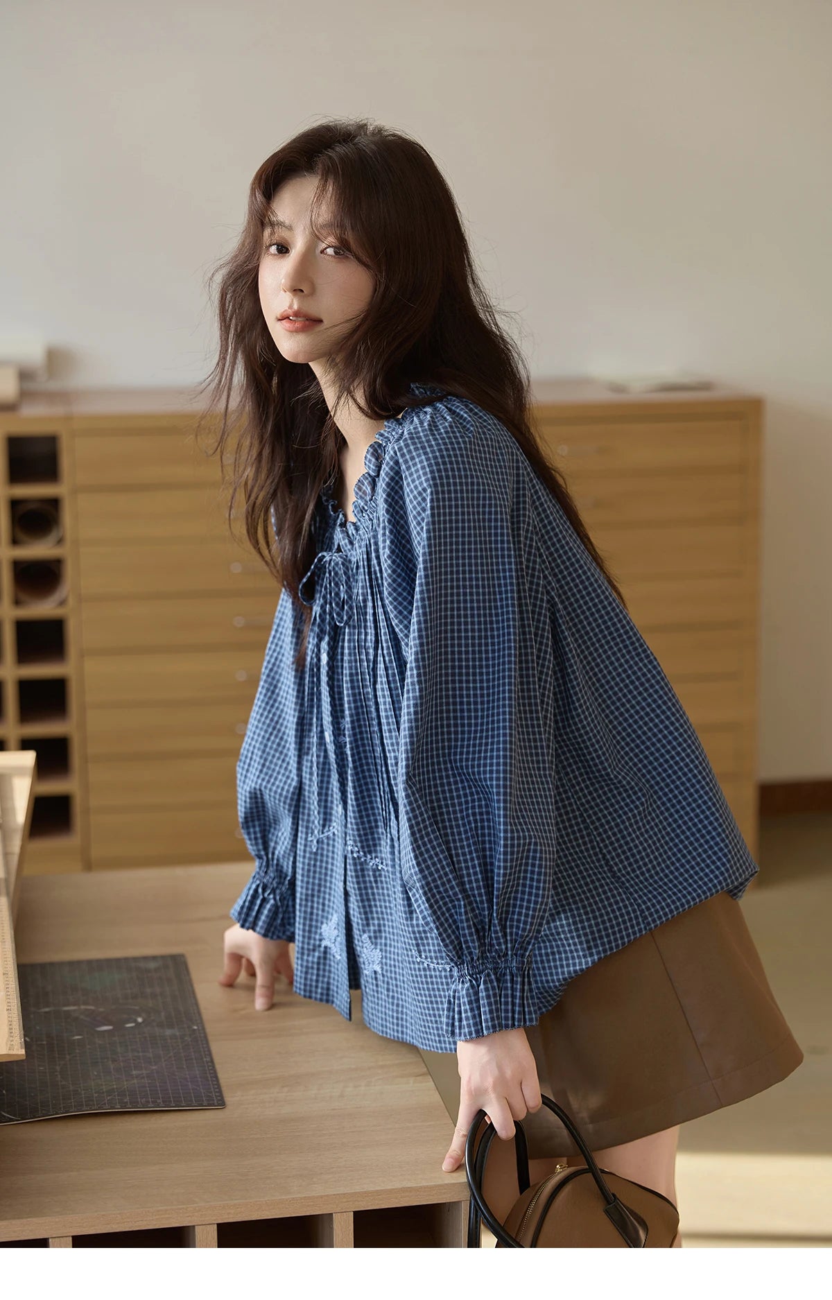 MISHOW Blue Plaid Embroidered Shirt Black Fungus Edge Collar MXE44X2467