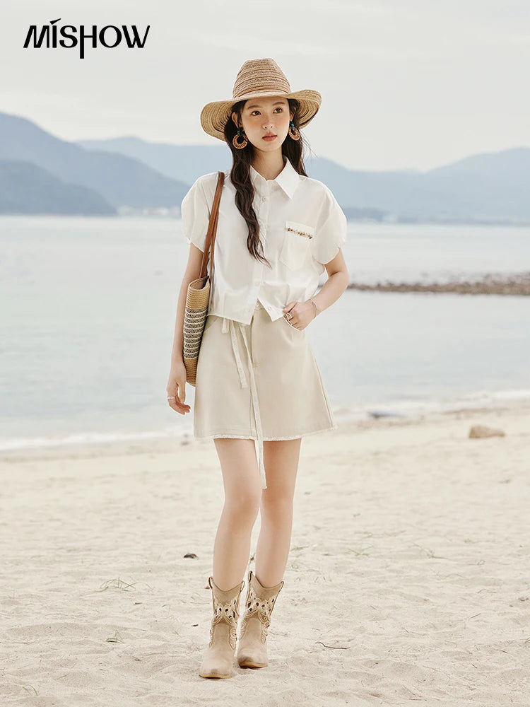 MISHOW Short Puff Sleeve Blouse Turn Down Collar Shell Ribbon MXE33C0773