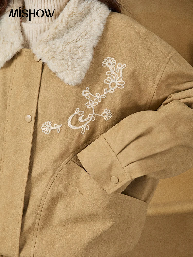 Mishow French Yellow Floral Embroidered Plush Zip-Up Coat MXE87W0932