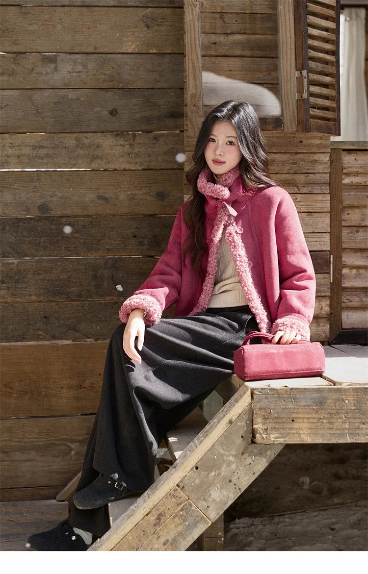 Mishow Dragon Fruit Red Suede Patchwork Coat MXE87W0942