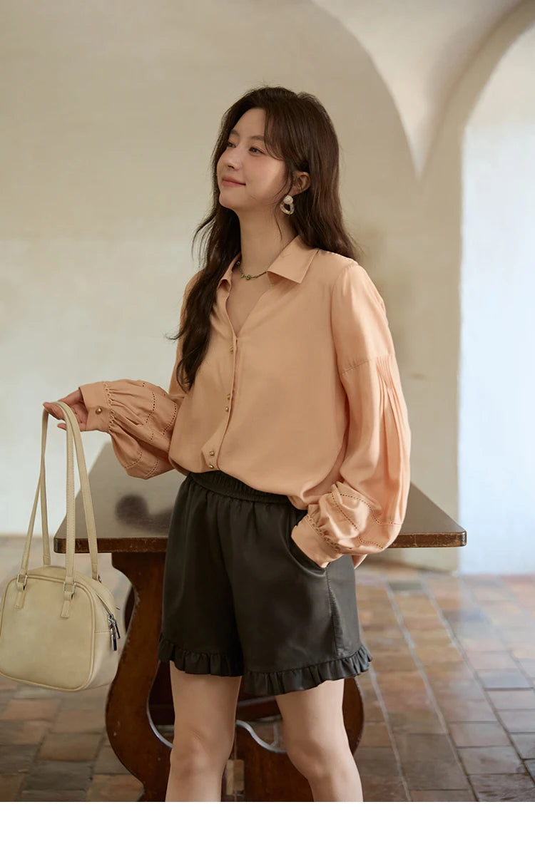 MISHOW Women's Lantern Sleeve Hollow Out Shirt Lapel Solid Top MXE41C2359