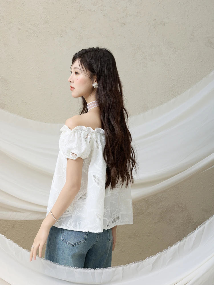 MISHOW Slash Neck Lace Blouse Short Sleeve Solid MXE35X1775