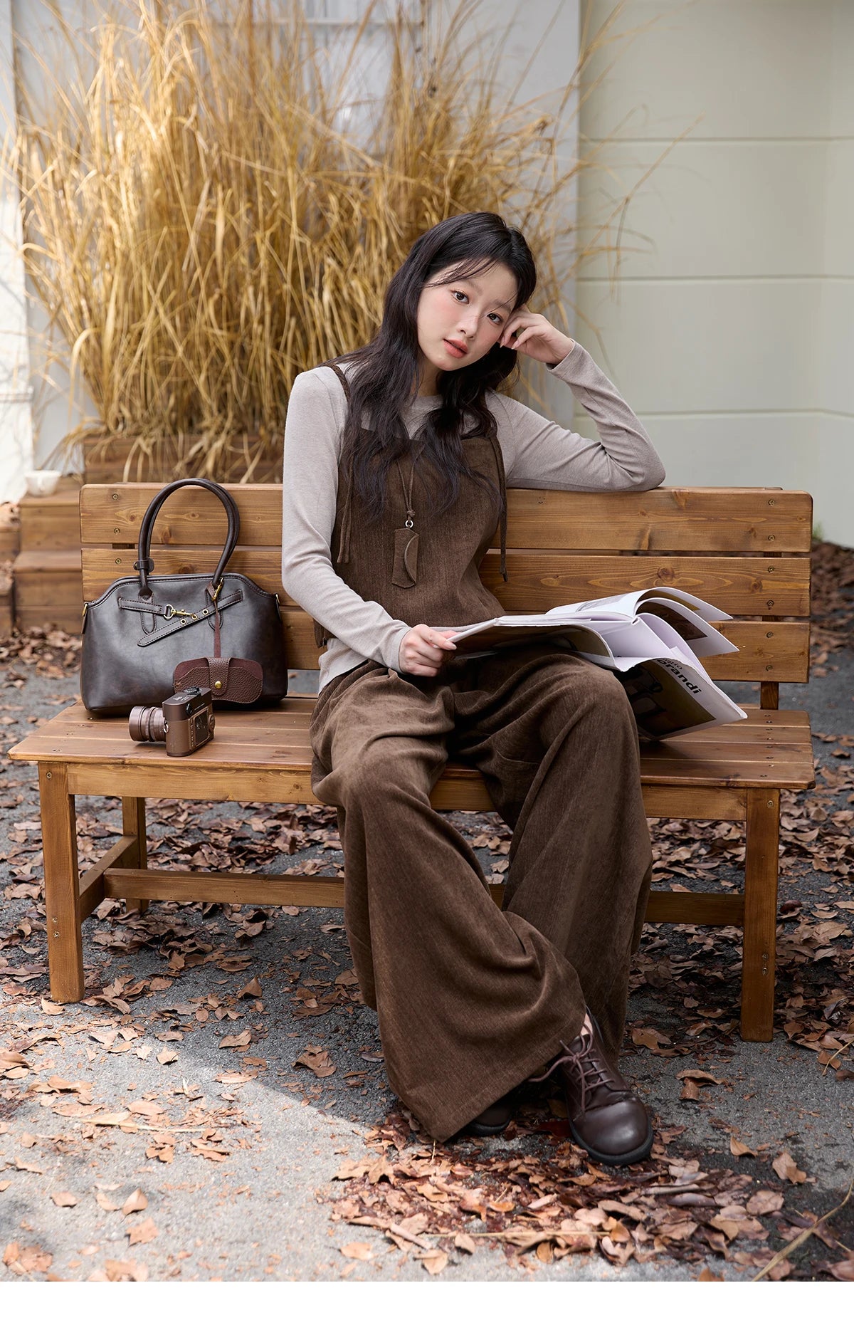 Mishow Brown Vest & Gray Top & Wide Leg Pants 3-Piece Set MXE49T1422