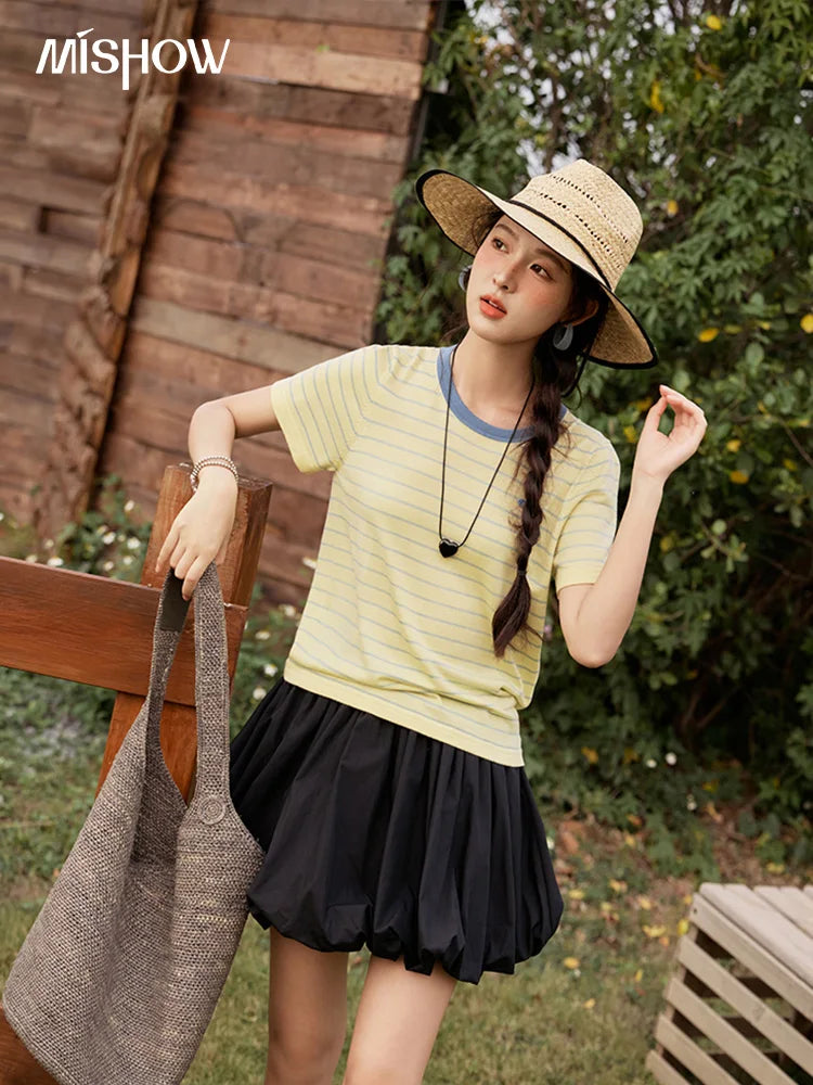Mishow Striped Contrast Round Neck Tee MXE35Z1270