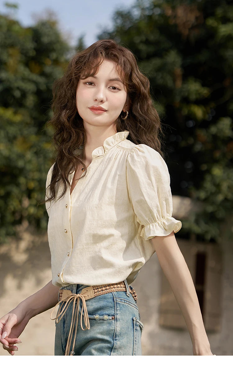 MISHOW Denim Suspender Dress & Puff Sleeve Blouse Set MXD21L1664