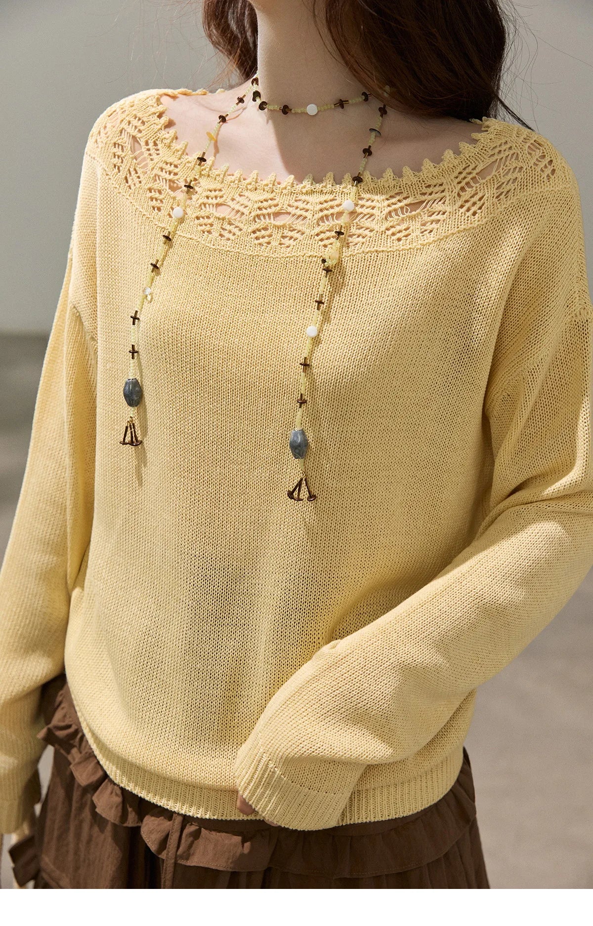 Mishow Yellow Hollow Lace Trim Boat Neck Sweater MXF15Z3050