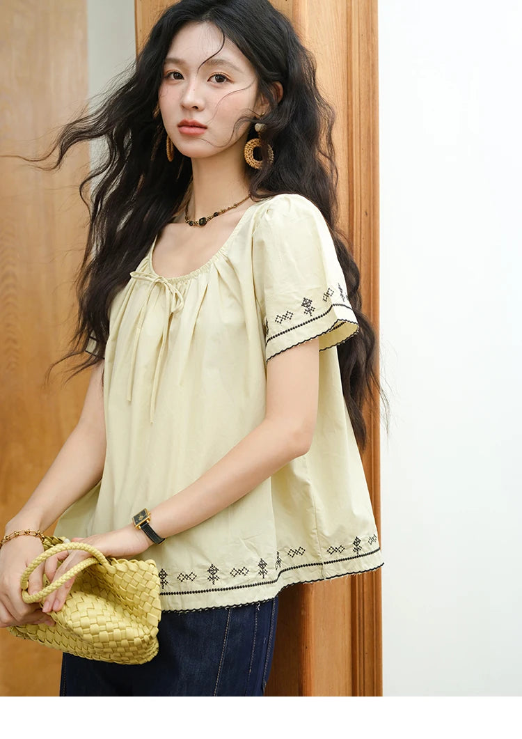 MISHOW Cotton Blouse Round Neck Lace Up Puff Sleeve MXE39X1966