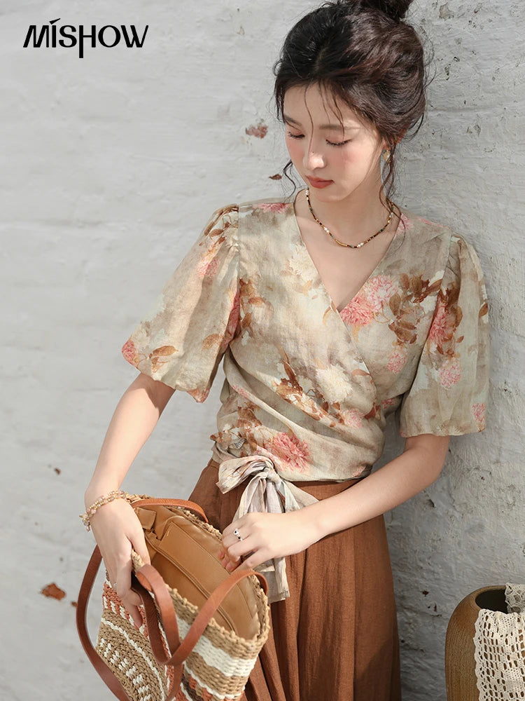MISHOW French V-Neck Floral Puff Sleeve Blouse MXD28X1619