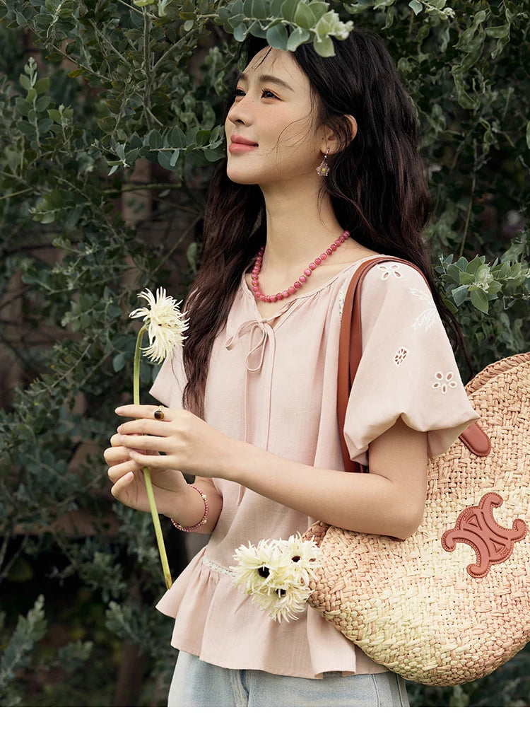 MISHOW Puff Sleeve Blouse Round Neck Hollow Embroidery MXE31X1747
