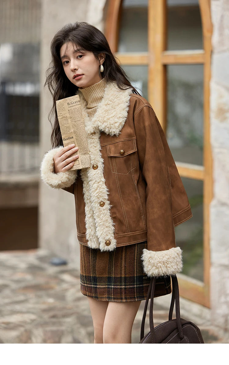 Mishow Leather Fur Lamb Wool Spliced Jacket MXD56W0538