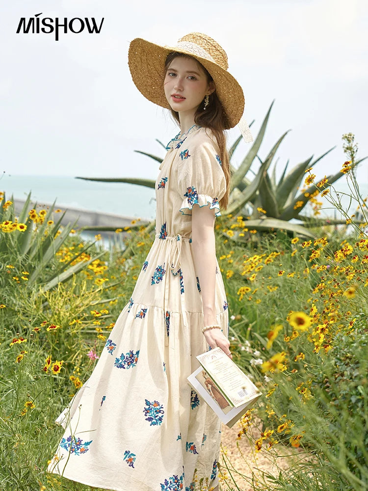 Mishow French Embroidered Flower Drawstring Dress MXD24L1835